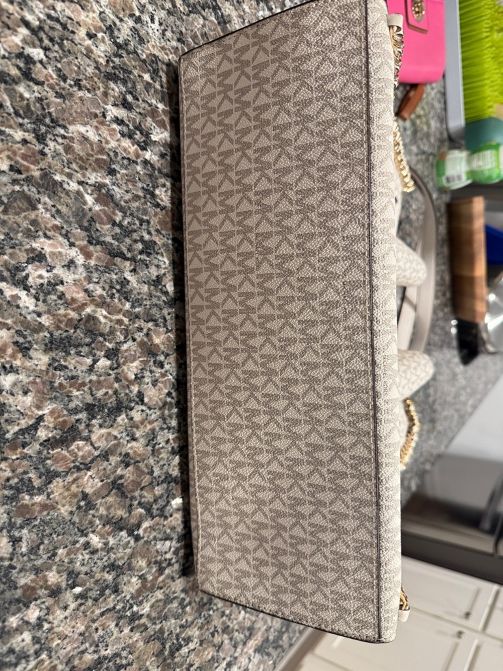 Michael Kors Cream Logo Canvas Shoulder Tote with Gold Chain Trim - Picture 2 of 4